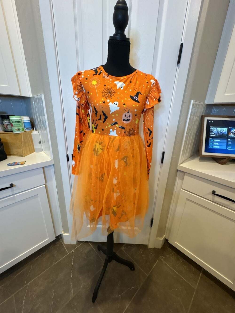 Girls Halloween Orange Long Sleeve Tulle Dress (57)